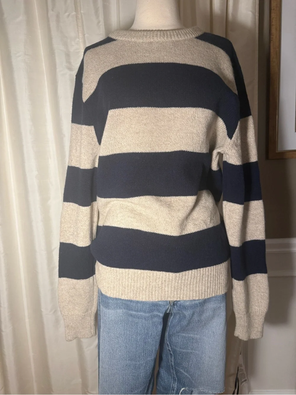 Vintage J Crew 100% Wool Navy and Natural Stripe Crewneck Sweater
